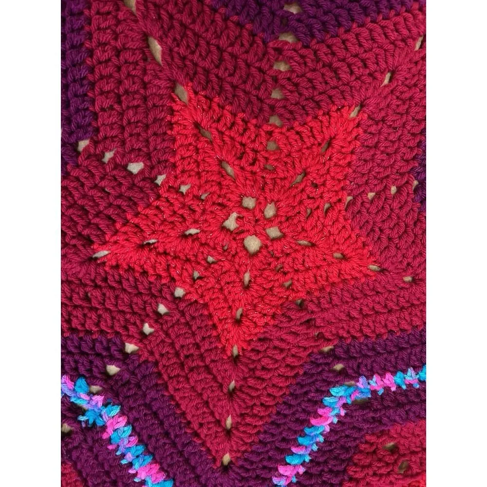 Vintage Crochet Knit Star Shape Afghan Throw Blanket Rug Red And‎ Blue Handmade